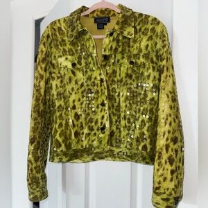 Oleg Cassini Nightsport Leopard Sequin Jacket Y2K Cropped Animal Print Size 8